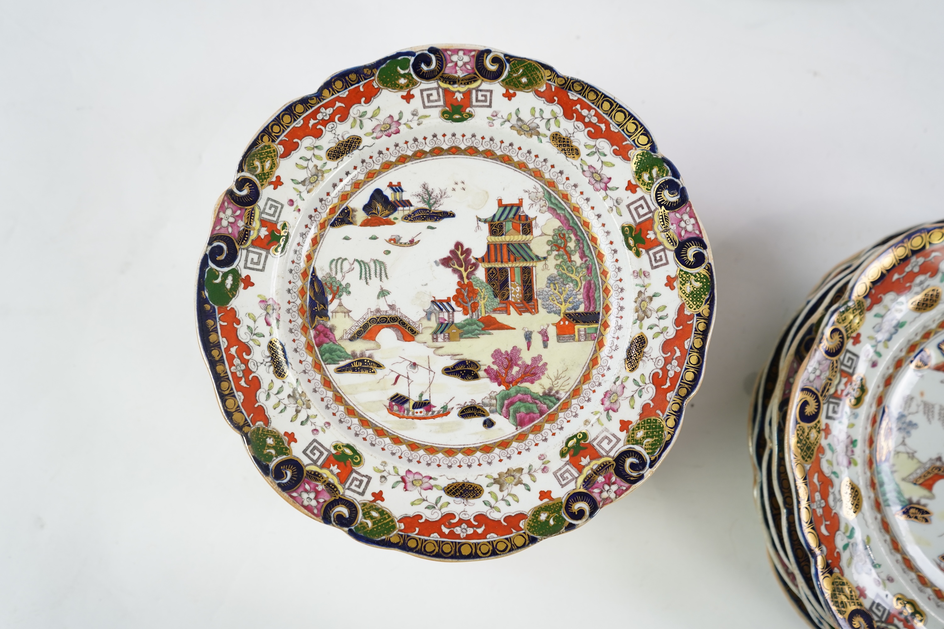A Masons ironstone landscape pattern part dinner service, first half 19th century